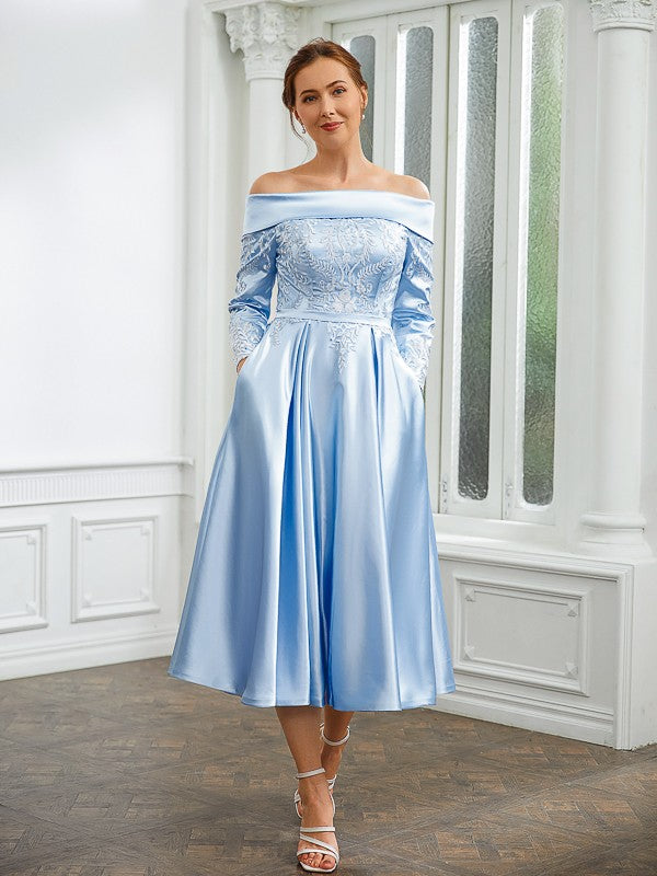 Selah A-Line/Princess Elastic Woven Satin Ruched Off-the-Shoulder Long Sleeves Tea-Length Mother of the Bride Dresses DHP0020269