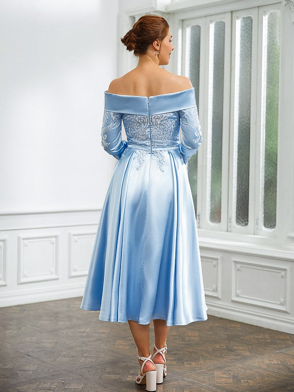 Selah A-Line/Princess Elastic Woven Satin Ruched Off-the-Shoulder Long Sleeves Tea-Length Mother of the Bride Dresses DHP0020269