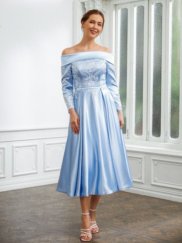 Selah A-Line/Princess Elastic Woven Satin Ruched Off-the-Shoulder Long Sleeves Tea-Length Mother of the Bride Dresses DHP0020269