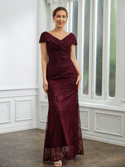 Ellie Sheath/Column Lace Ruched V-neck Short Sleeves Floor-Length Mother of the Bride Dresses DHP0020246