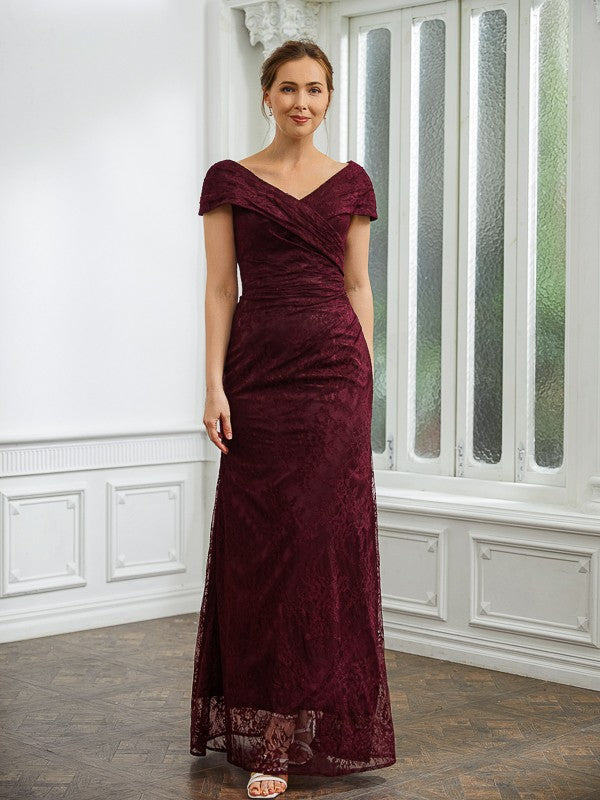 Ellie Sheath/Column Lace Ruched V-neck Short Sleeves Floor-Length Mother of the Bride Dresses DHP0020246