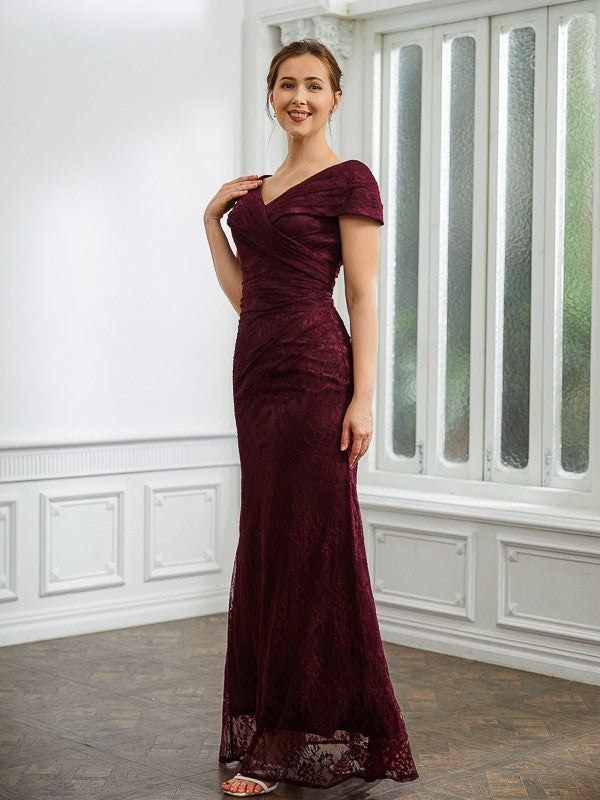 Ellie Sheath/Column Lace Ruched V-neck Short Sleeves Floor-Length Mother of the Bride Dresses DHP0020246