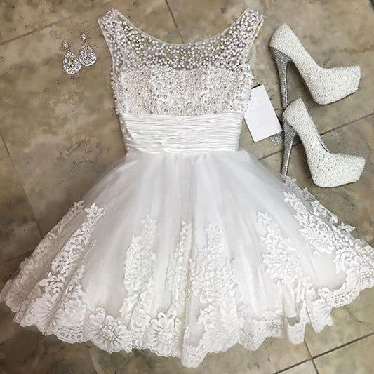 A-Line Crew Neck Short White Homecoming Dresses Germaine Lace 2024 With Beading