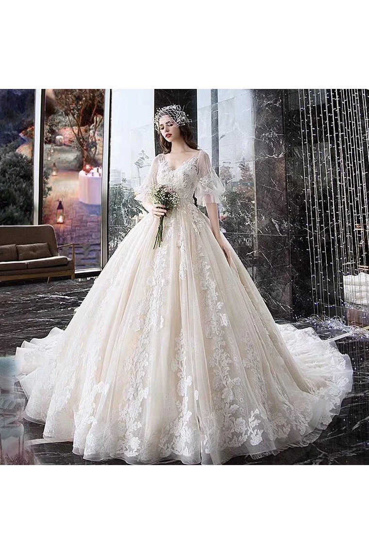 Princess Half Sleeve Ball Gown Wedding Dresses Appliques V Neck Bridal SJSPYYC62LK