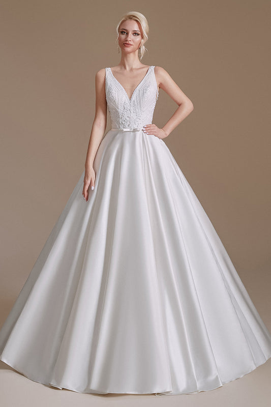 A-Line Elegant Sleeveless Stain Long Length Wedding Dresses