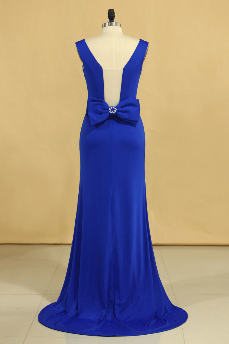 Plus Size Prom Dresses Square Neckline Sweep Train With Bow-Knot Dark Royal Blue