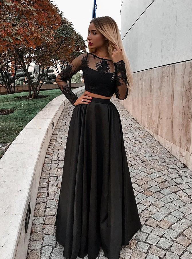 Two Piece Black Long Sleeve Scoop Jewel Appliques Prom Dresses with Satin JS683