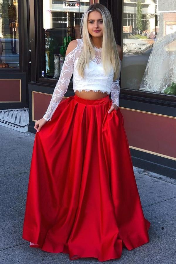 A Line Red and White Long Sleeve Satin Two Piece Prom Dresses with Pockets JS729