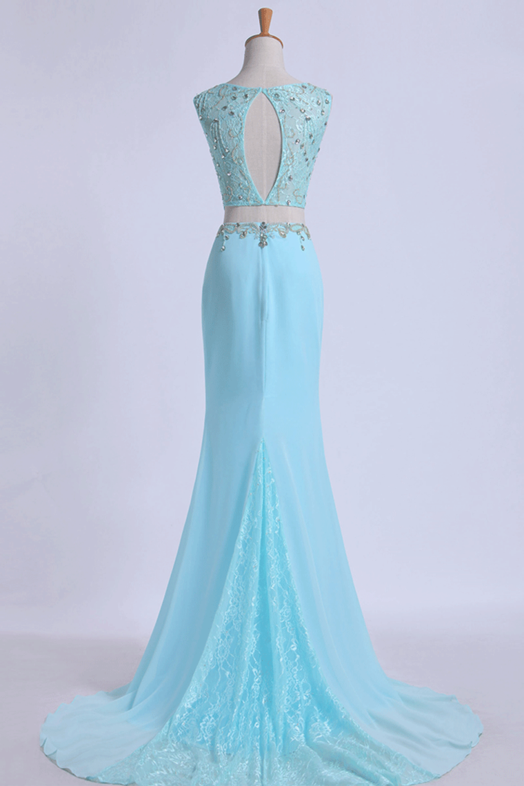 Two Pieces Prom Dresses Scoop Sheath With Beading Sweep Train