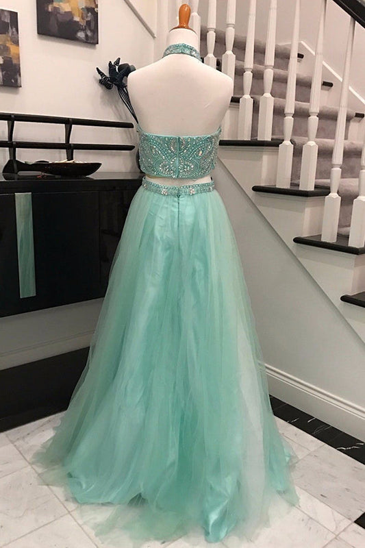 Elegant Halter Two Pieces Sky Blue Backless Tulle Prom Dresses with Beading