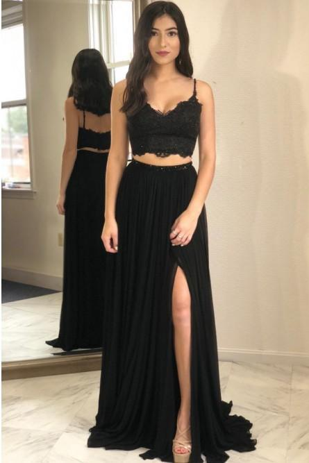 Two Pieces Black Lace Backless High Neck Open Back Sheath Prom Dresses