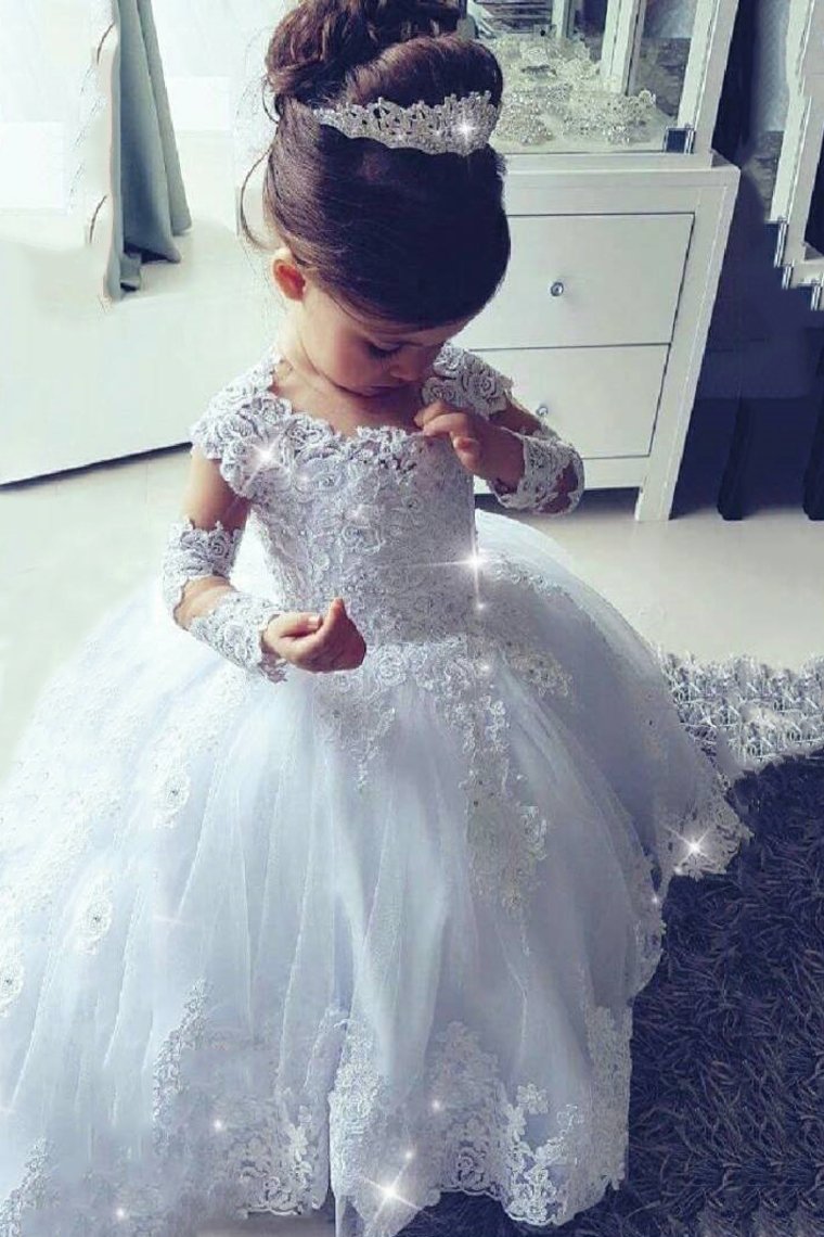 Ball Gown Flower Girl Dresses Scoop Long Sleeves Tulle With Applique