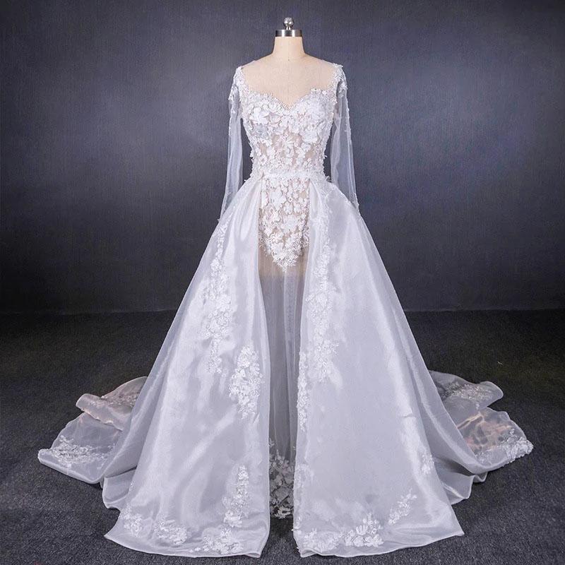 Long Sleeve Sweetheart White Bridal Dresses with Applique, Wedding Dresses SJS15250