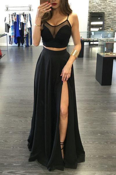 Custom Made Black Popular Two Pieces Floor Length Spaghetti Straps Prom Dresses JS764