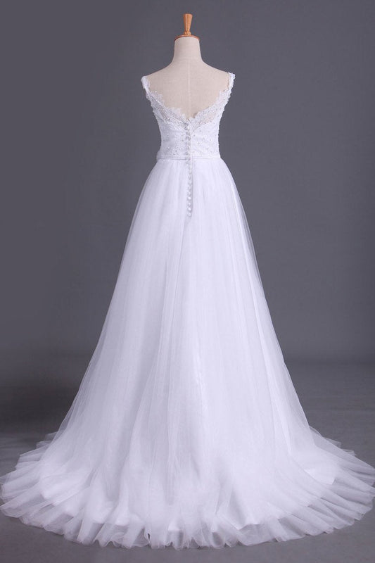 Straps A Line Wedding Dress Court Train Tulle With Applique & Handmade Flower