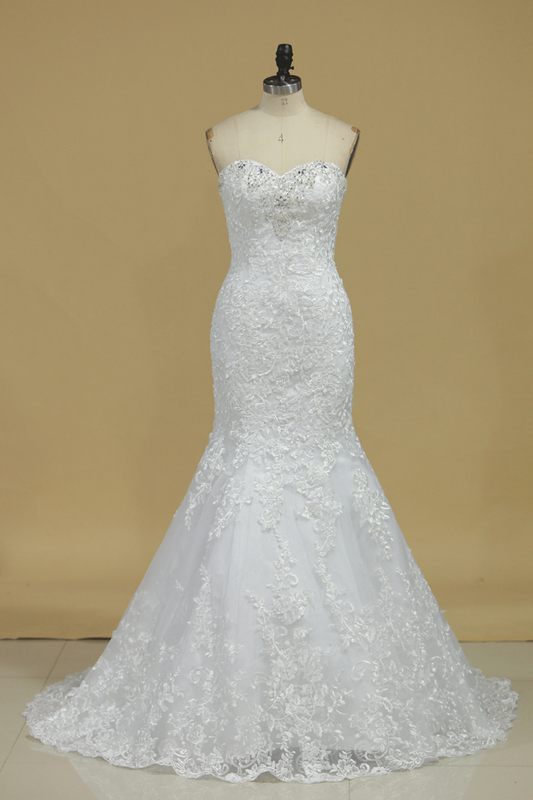 Sweetheart Wedding Dresses Mermaid Tulle With Applique And Beads Court Train