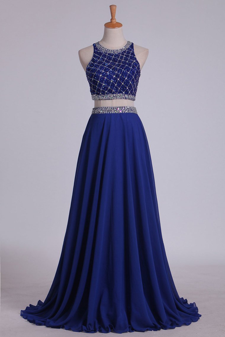 2024 Two Pieces Bateau Open Back Prom Dresses A Line Chiffon & Tulle Dark Royal Blue