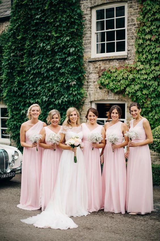 A Line Pink One Shoulder Chiffon Long Simple Bridesmaid Dresses, Wedding Party Dresses SJS15552