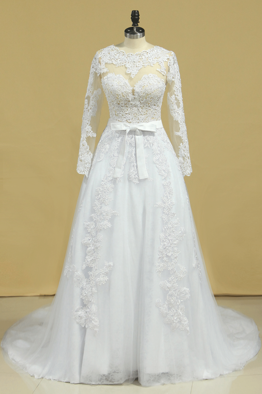 Hot Wedding Dresses Scoop Long Sleeves With Applique & Sash Tulle