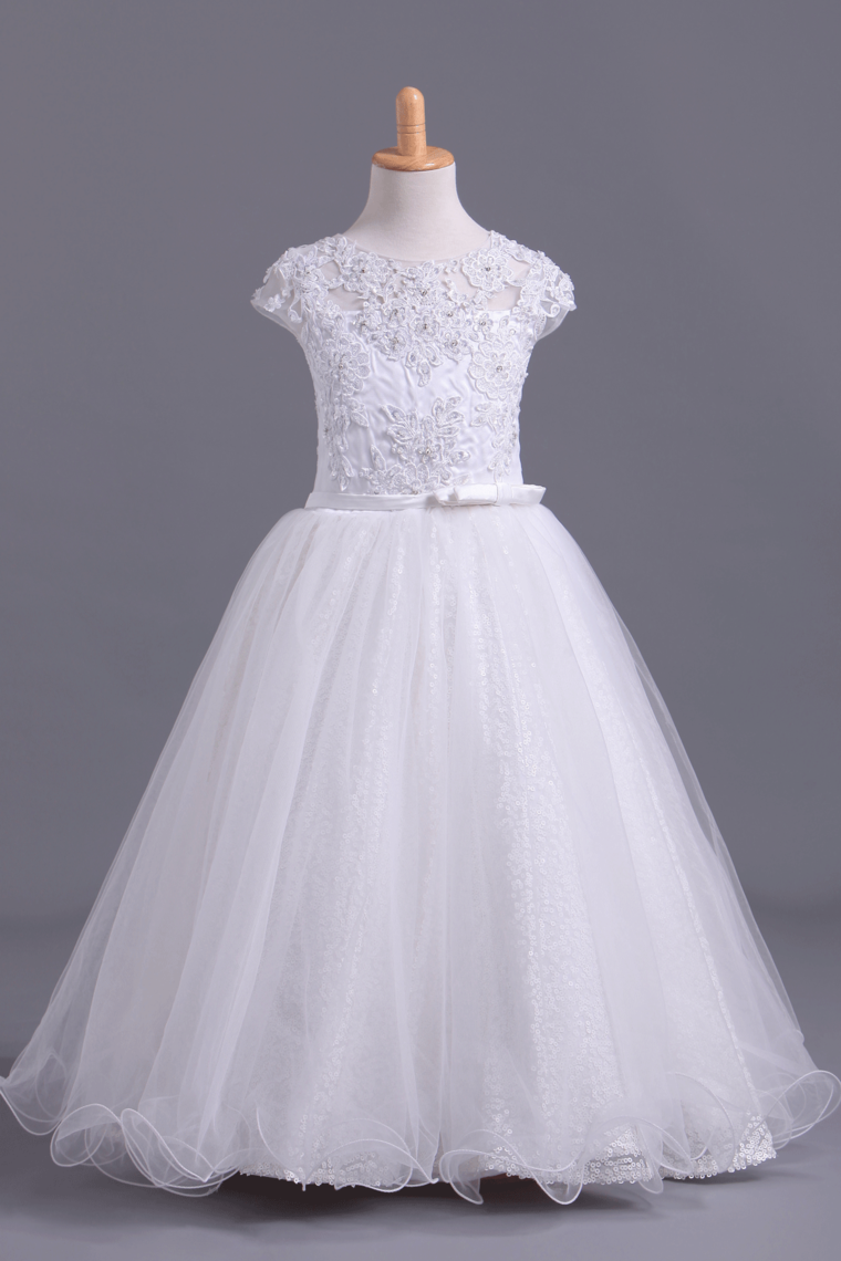 Flower Girl Dresses Short Sleeves Scoop A Line With Applique And Ribbon Tulle