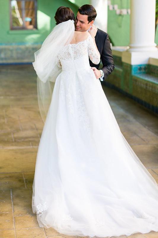 Long Sleeve Off the Shoulder Tulle Wedding Dresses, A line Lace Elegant Wedding Gowns SJS15244