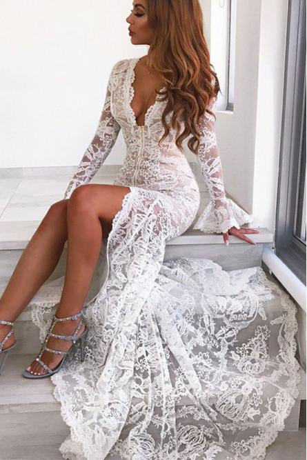 Long Sleeves Mermaid Lace V Neck Wedding Dresses with Slit, Wedding SJS20423