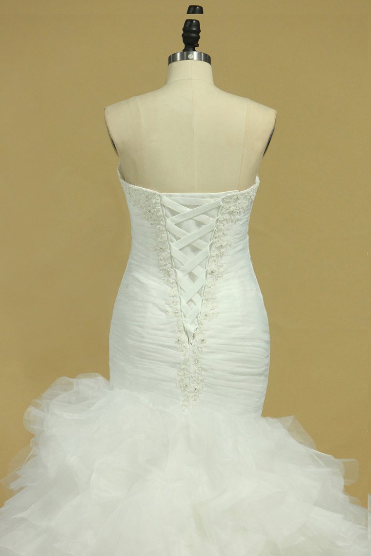 Plus Size Sweetheart Ruched Bodice Wedding Dresses Mermaid Tulle With Beading Court Train