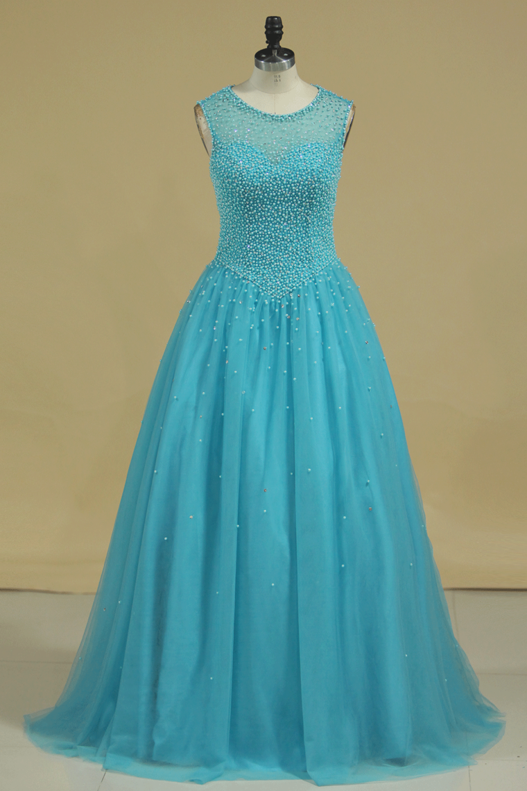 2024 Open Back Scoop Beaded Bodice Tulle Quinceanera Dresses Floor Length