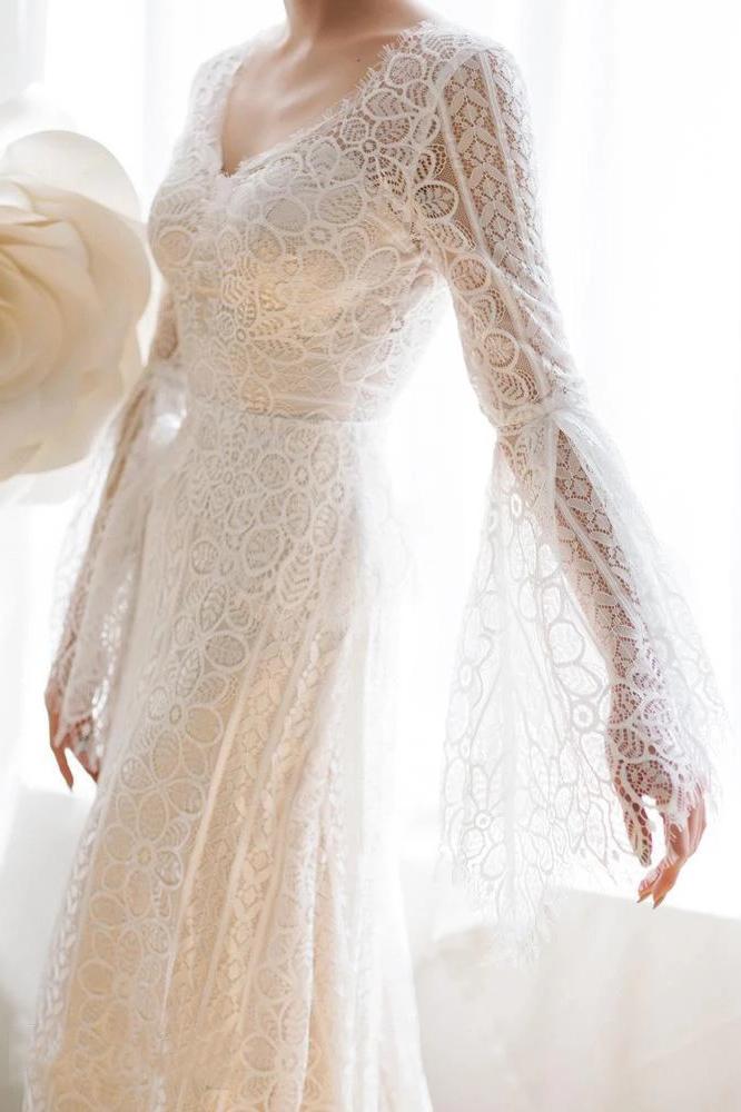 Unique V Neck Lace-up Mermaid Back Bridal Dresses Ivory Lace Trumpet Sleeve Wedding Dresses SJS15469