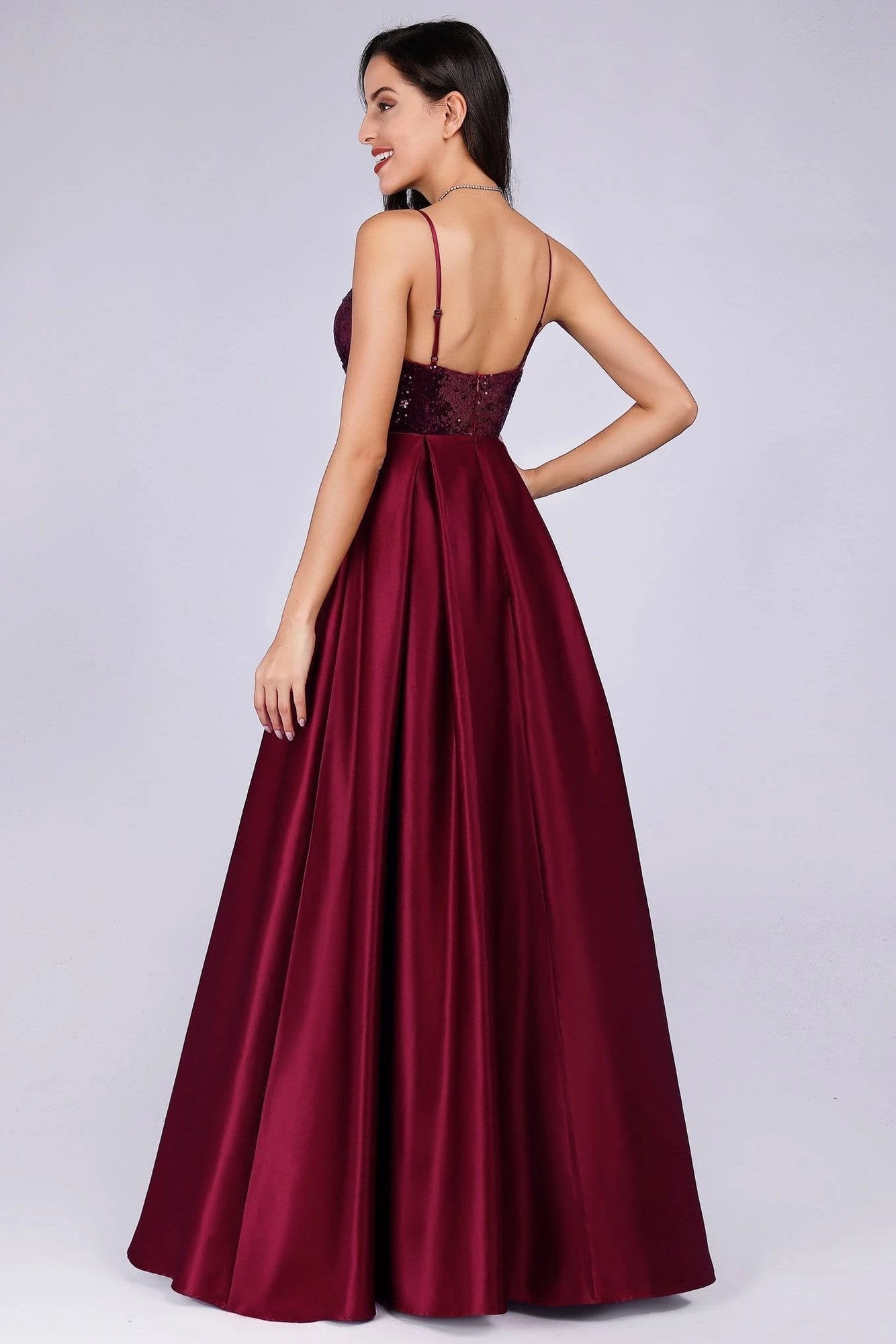 Deep V Neck Long Sleeveless Spaghetti Straps Burgundy Satin Evening Prom Dresses SRS15140