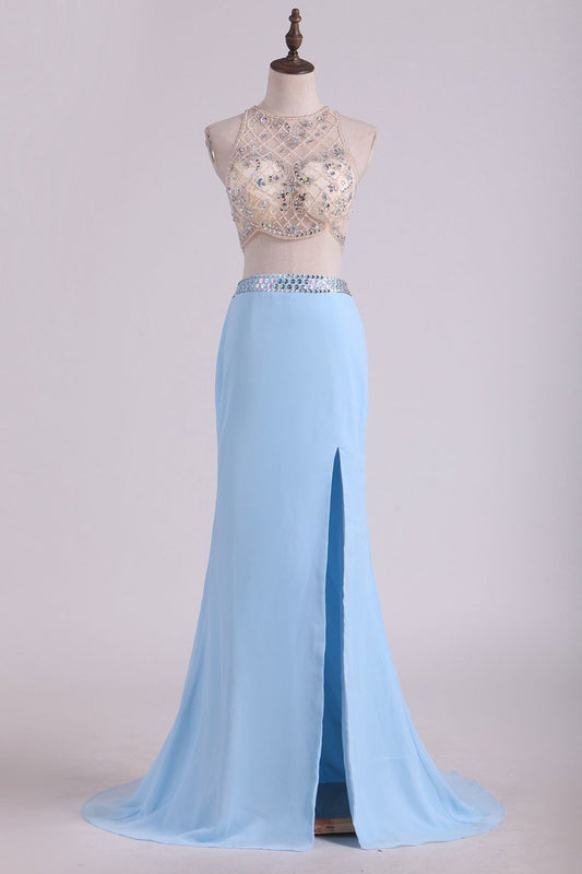 Prom Dresses Scoop Sheath Two Pieces Chiffon With Beading And Slit Sweep Train