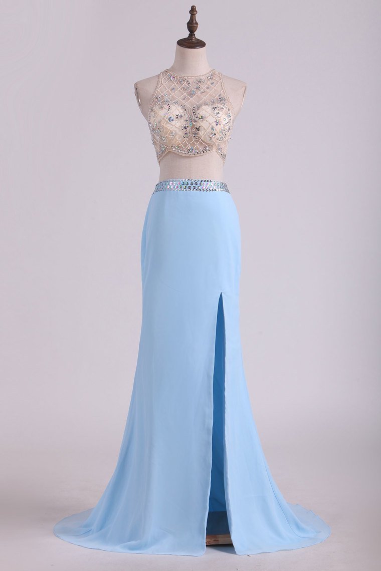 2024 Prom Dresses  Scoop Sheath Two Pieces Chiffon With Beading And Slit Sweep Train