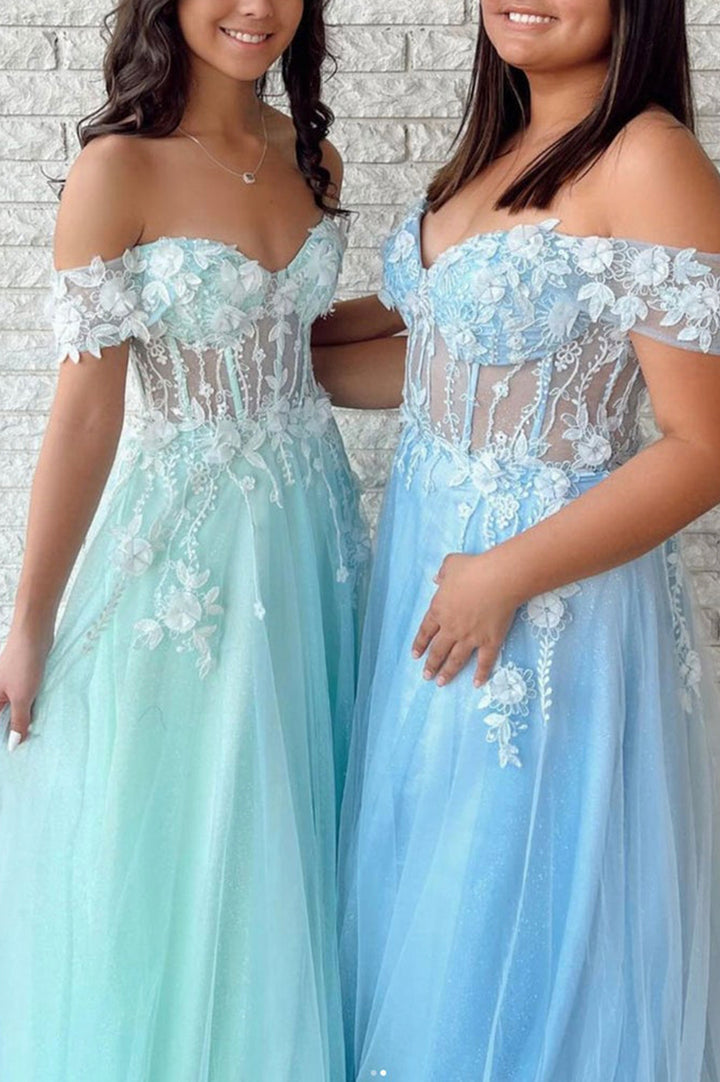 Tulle Applique Mint Green Off the Shoulder A line Evening Dresses Long Prom Dresses