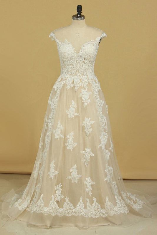 Court Train Scoop A Line Wedding Dresses Tulle With Applique