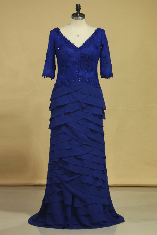 Dark Royal Blue Mother Of The Bride Dresses Chiffon V Neck With 3/4 Length Sleeves