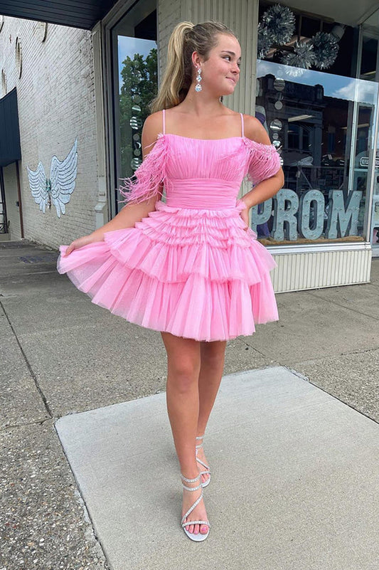 Cute Pink A Line Feather Tulle Homecoming Dresses