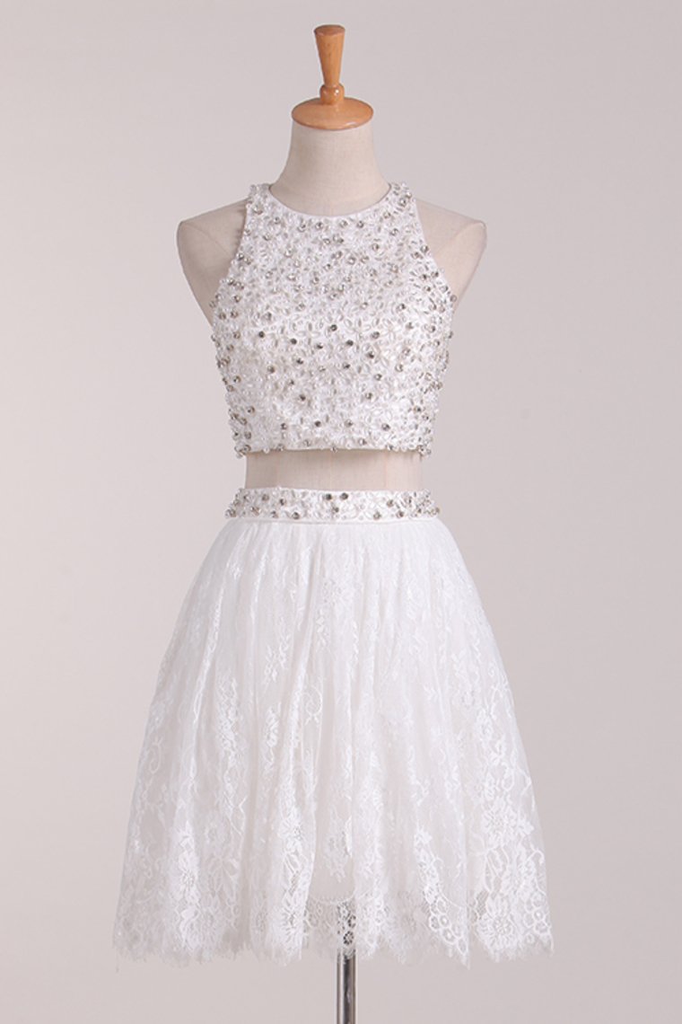 White Homecoming Dresses Scoop Lace Two Pieces