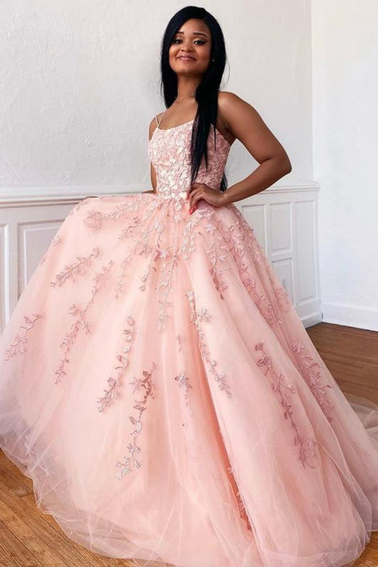 Pink A-Line Tulle Appliques Beading Popular Formal Dresses Long Prom Dresses