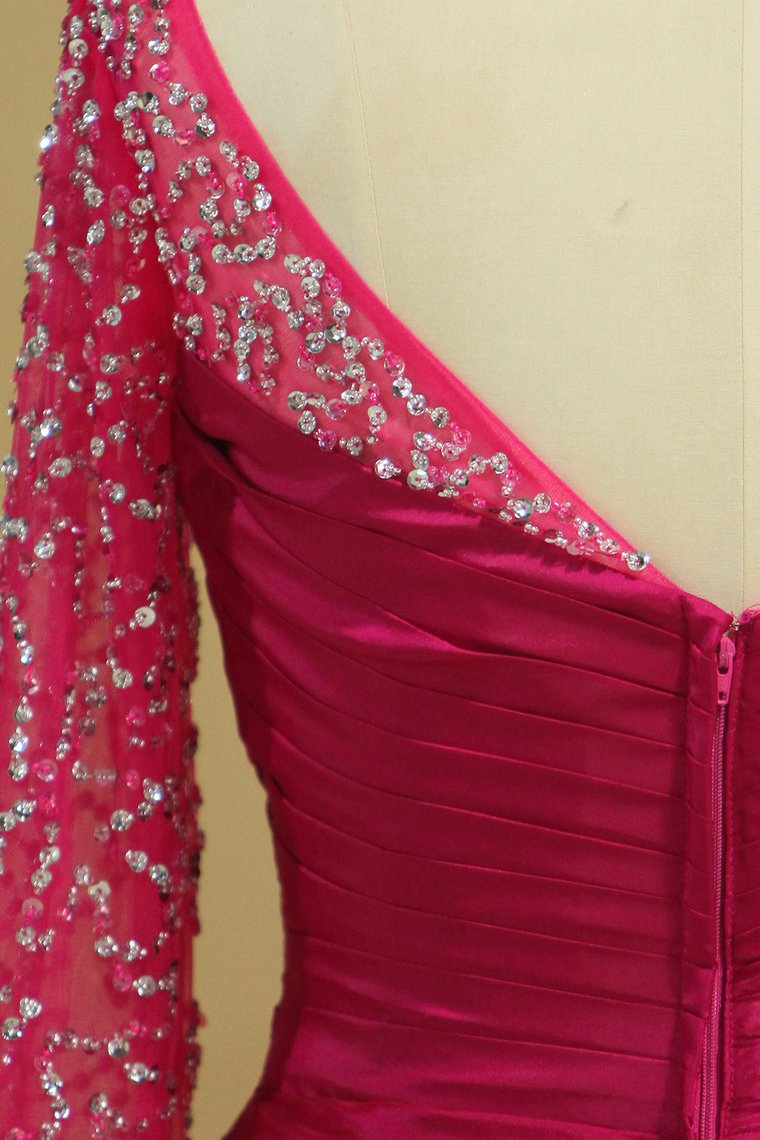 Plus Size Scoop Mother Of The Bride Dresses Long Sleeves Taffeta With Beads And Ruffles Fuchsia