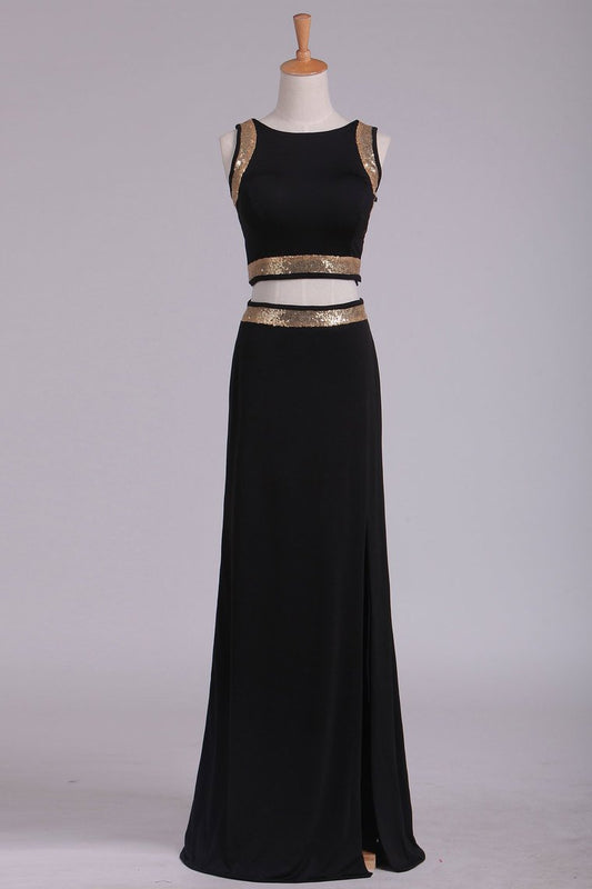 Black Open Back Two Pieces Sheath Prom Dresses Spandex With Beads And Slit