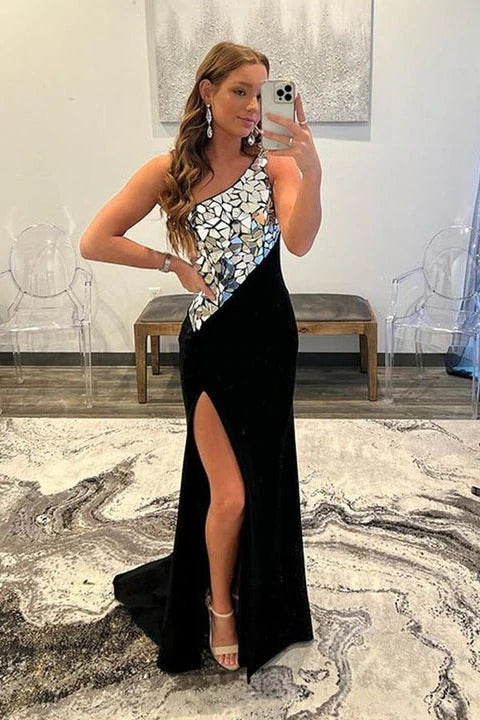 Black Rhinestone One Shoulder Split Floor-length Formal Prom Dresses