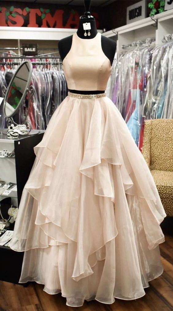 Two Piece A-line High Neck Beads Organza Long Sparkly Chic Evening Prom Dresses UK JS474