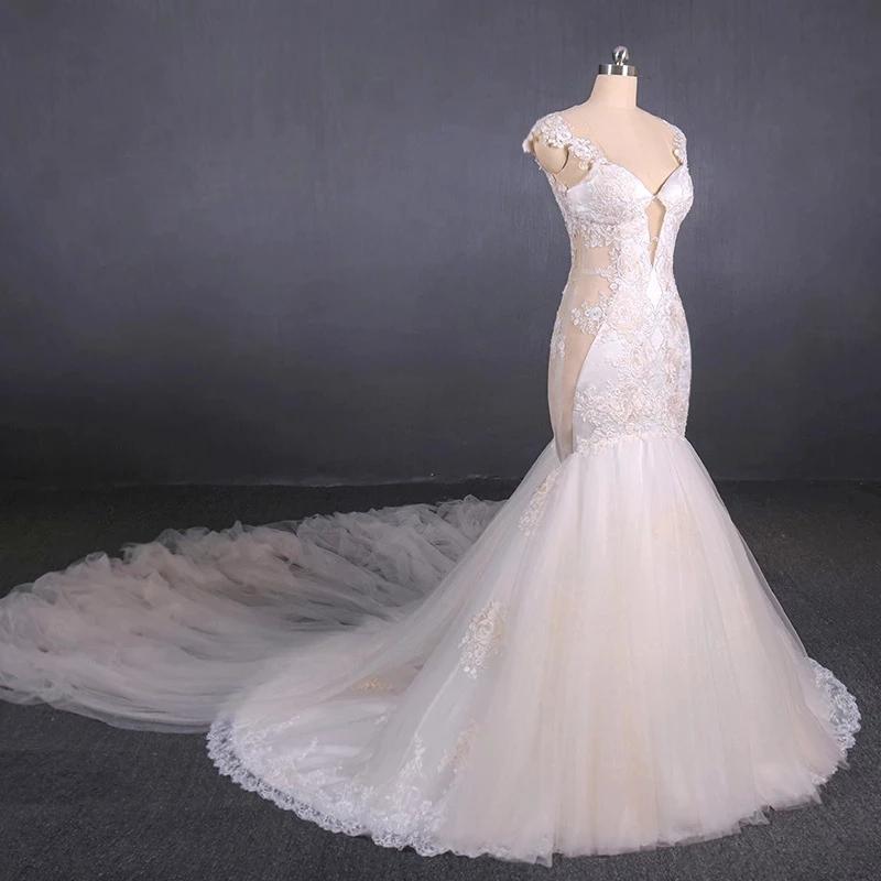 Charming Mermaid Tulle V-neck Wedding Dress, Sheer Back Long Bridal Dresses SJS15112