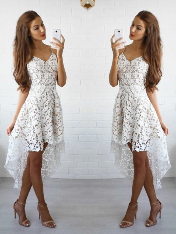 2024 A-Line Spaghetti Straps V Neck Sleeveless High Lace Homecoming Dresses Mikayla Low Short/Mini