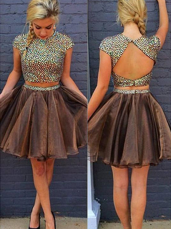 2024 A-Line Two Piece Genevieve Homecoming Dresses Jewel Neck Short Sleeve Beading Back Cut Out Organza Short/Mini