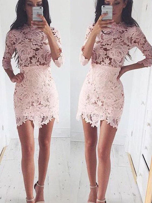 2024 Sheath/Column Jewel Homecoming Dresses Lace Gloria Neck Long Sleeve Cut Short/Mini