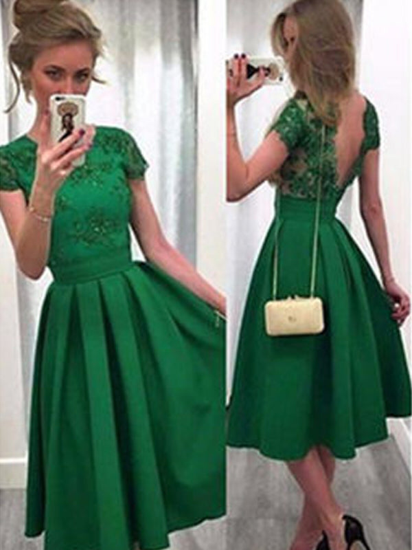 2024 A-Line Scoop Neck Short Sleeve Satin Lace Kylie Homecoming Dresses V Back Tea-Length