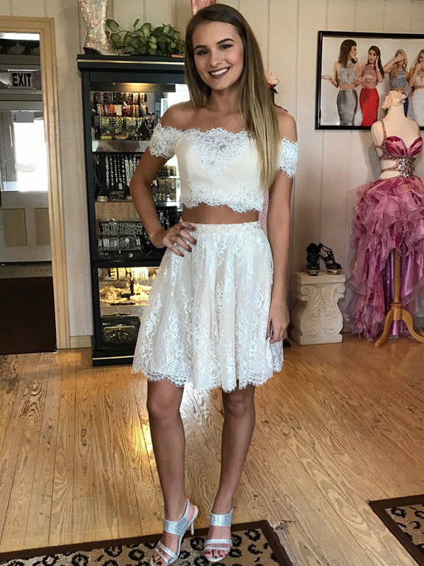 2024 A-Line Two Piece Homecoming Dresses Priscilla Lace Off-The-Shoulder Applique Cut Short/Mini