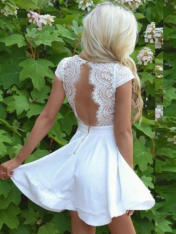 2024 A-Line V Neck Cap Sleeve Cut Out Back India Lace Homecoming Dresses Cut Short/Mini