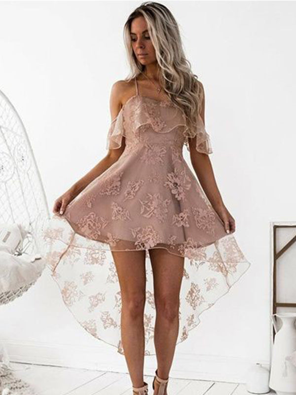 2024 A-Line Homecoming Dresses Giselle Lace Straps Criss Cross Off-The-Shoulder High Low Cut Short/Mini